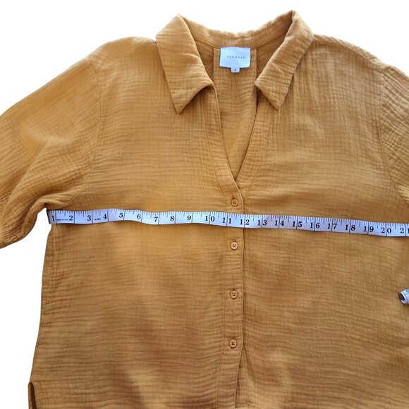 Sundays Womens Mustard Yellow Cotton Gauze Button-Up Shirt V-Neck Sz M Normcore - Picture 7 of 8